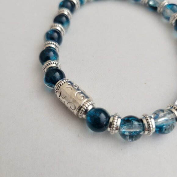 NWT Mens Blue And Silver Crackle Glass Bead Stretch Bracelet Exclusive S/M, L/XL - Picture 7 of 10